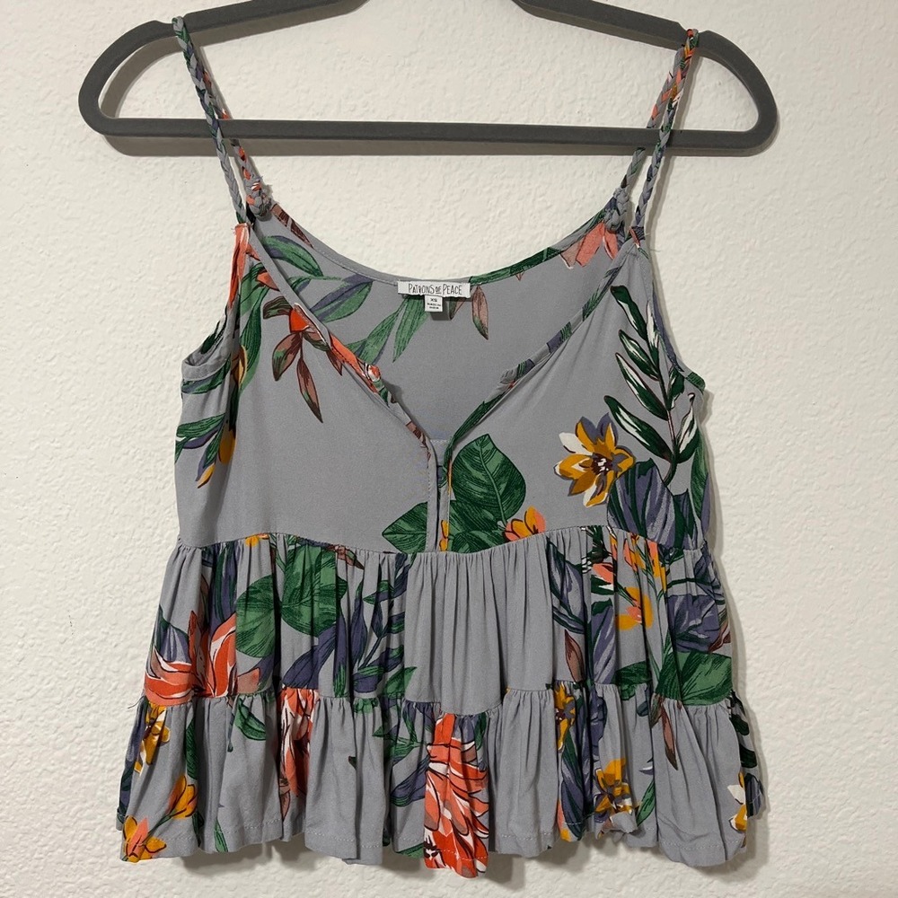 Patrons of Peace Floral Babydoll Tank Top Gray Tropical‎ Rayon Boho Size XS Cute